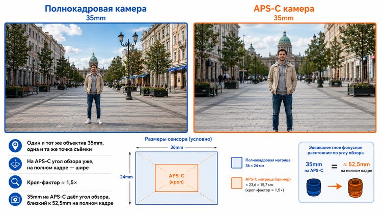 Схема: угол обзора 35 мм на полном кадре и на APS-C
